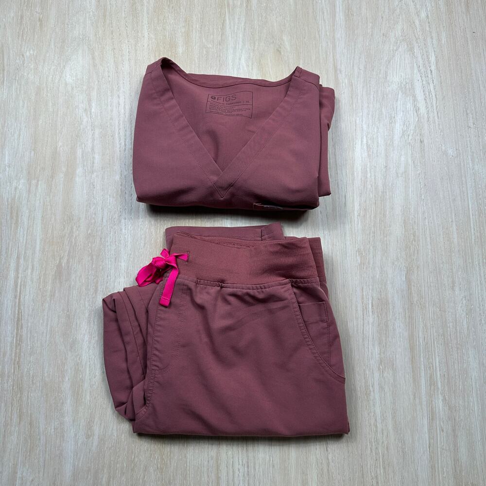 FIGS Technical Collection Mauve V Neck Scrub Top Cargo Work Jogger Scrub Set XL